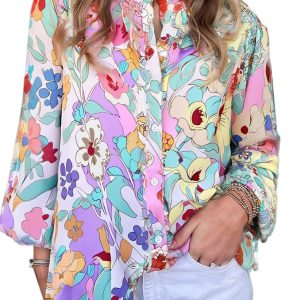 Women's Pink Floral Print Long Sleeve Shirt – Frilly Neckline for Casual Spring Outings - Main View