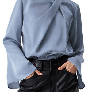 Women's Satin Draped Blouse, Elegant Long Bell Sleeve Top - Main View