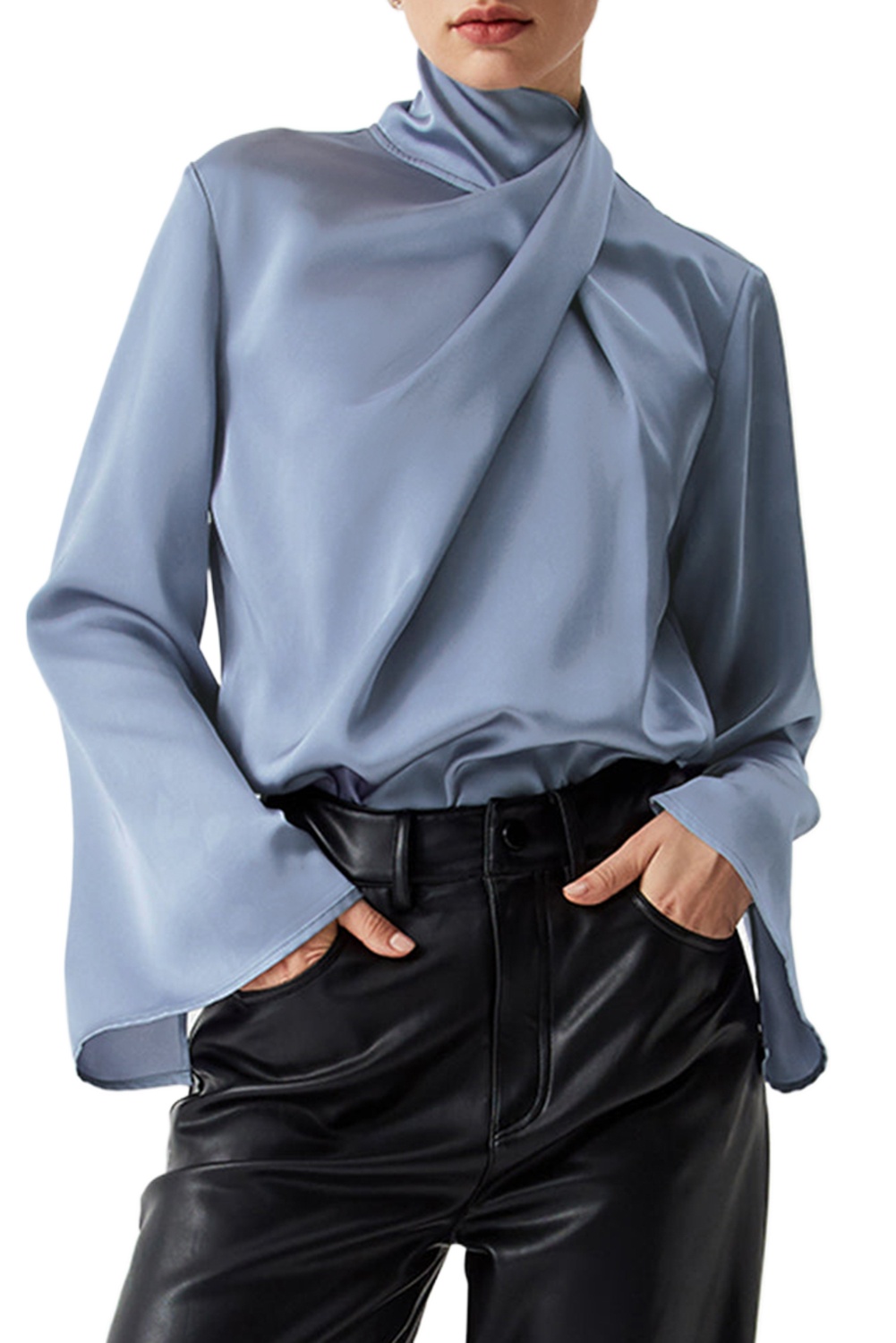 Women's Satin Draped Blouse, Elegant Long Bell Sleeve Top - Main View Women's Satin Draped Blouse, Elegant Long Bell Sleeve Top - Main View