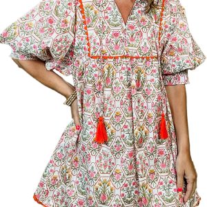 Women's Pink Floral Print Mini Dress – Casual Summer V Neck with Tassel Detail - Main View