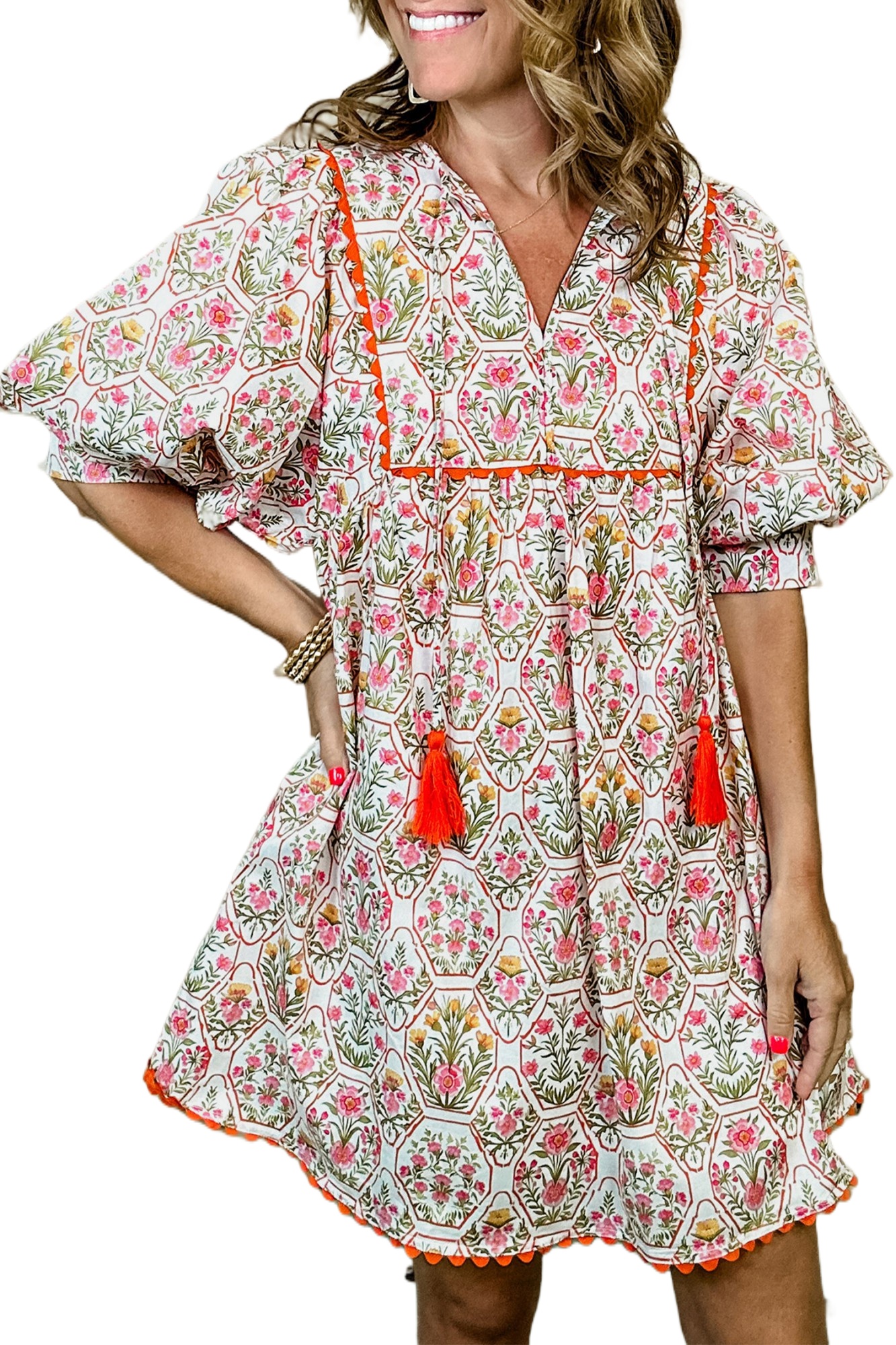 Women's Pink Floral Print Mini Dress – Casual Summer V Neck with Tassel Detail - Main View Women's Pink Floral Print Mini Dress – Casual Summer V Neck with Tassel Detail - Main View