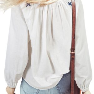 Women's White Geometric Embroidered Long Sleeve Buttoned Blouse - Chic Bohemian Style - Main View