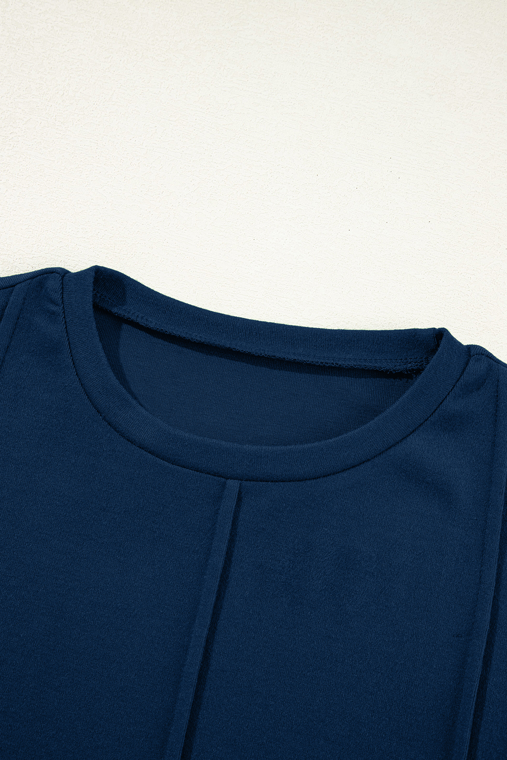 Women's Navy Blue Long Sleeve Top, Exposed Seam Crew Neck - Detail View 13 Women's Navy Blue Long Sleeve Top, Exposed Seam Crew Neck - Detail View 13