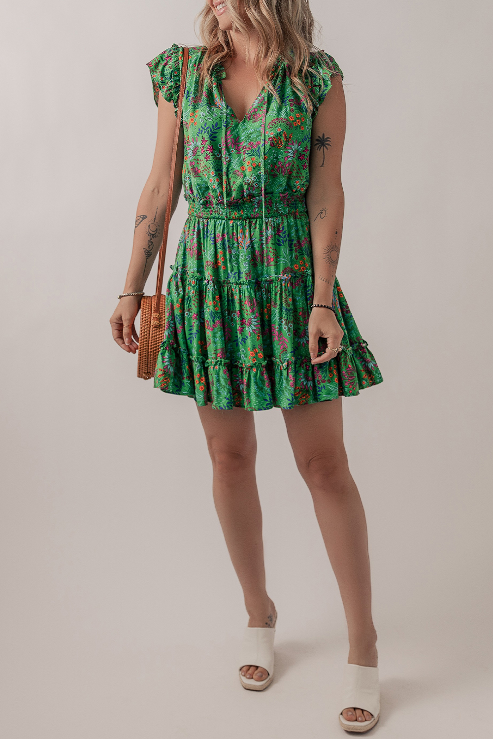 Women's Dress, Green Floral, Tie Split Neck, Ruffle Trim, Tiered Dress, Casual Style, Summer Fashion, Flutter Sleeves, Mini Length, Daily Wear, A-Line Silhouette, Eye-Catching Design, 100% Viscose, Stylish Dress - Detail View 8 Women's Dress, Green Floral, Tie Split Neck, Ruffle Trim, Tiered Dress, Casual Style, Summer Fashion, Flutter Sleeves, Mini Length, Daily Wear, A-Line Silhouette, Eye-Catching Design, 100% Viscose, Stylish Dress - Detail View 8