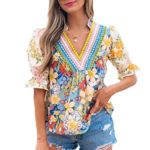 Women's Multicolor Crochet V Neck Half Sleeve Boho Floral Blouse - Main View