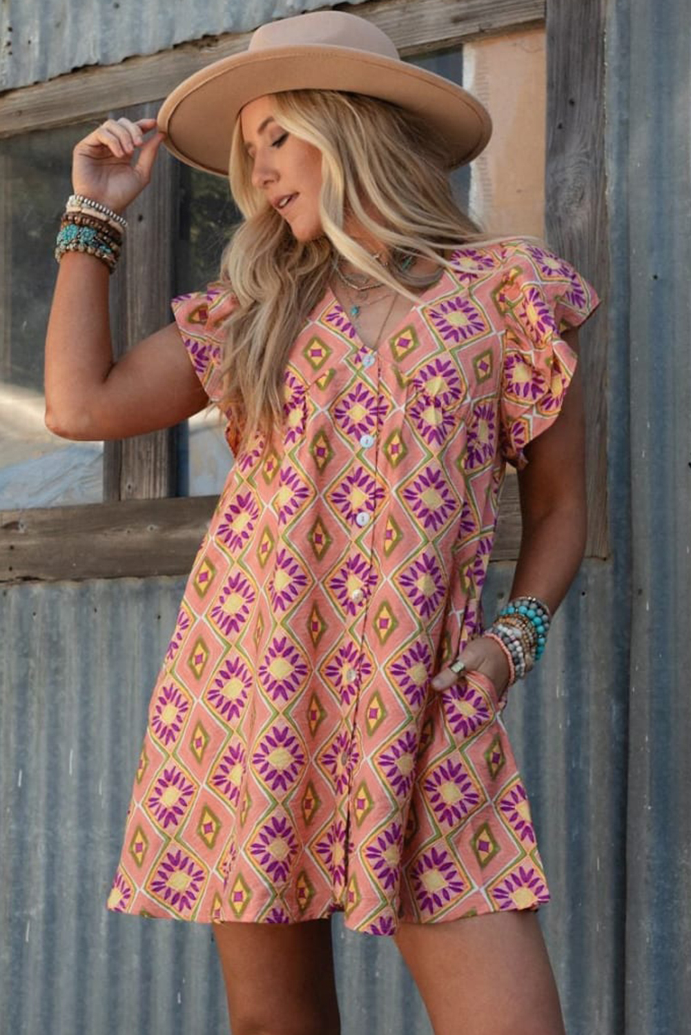 Women's Dress, Orange Mini Dress, Geometric Floral, V Neck, Ruffled Sleeves, Buttoned Detail, Casual Wear, Bohemian Style, Daily Dress, Summer Fashion, Flattering Fit, Playful Design, H-Line Silhouette, Short Sleeve, Stylish Outfit, Elegant Look - Detail View 12 Women's Dress, Orange Mini Dress, Geometric Floral, V Neck, Ruffled Sleeves, Buttoned Detail, Casual Wear, Bohemian Style, Daily Dress, Summer Fashion, Flattering Fit, Playful Design, H-Line Silhouette, Short Sleeve, Stylish Outfit, Elegant Look - Detail View 12