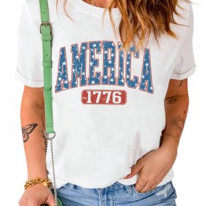 Women's White Independence Day Graphic Tee - AMERICA 1776 Star Print - Main View