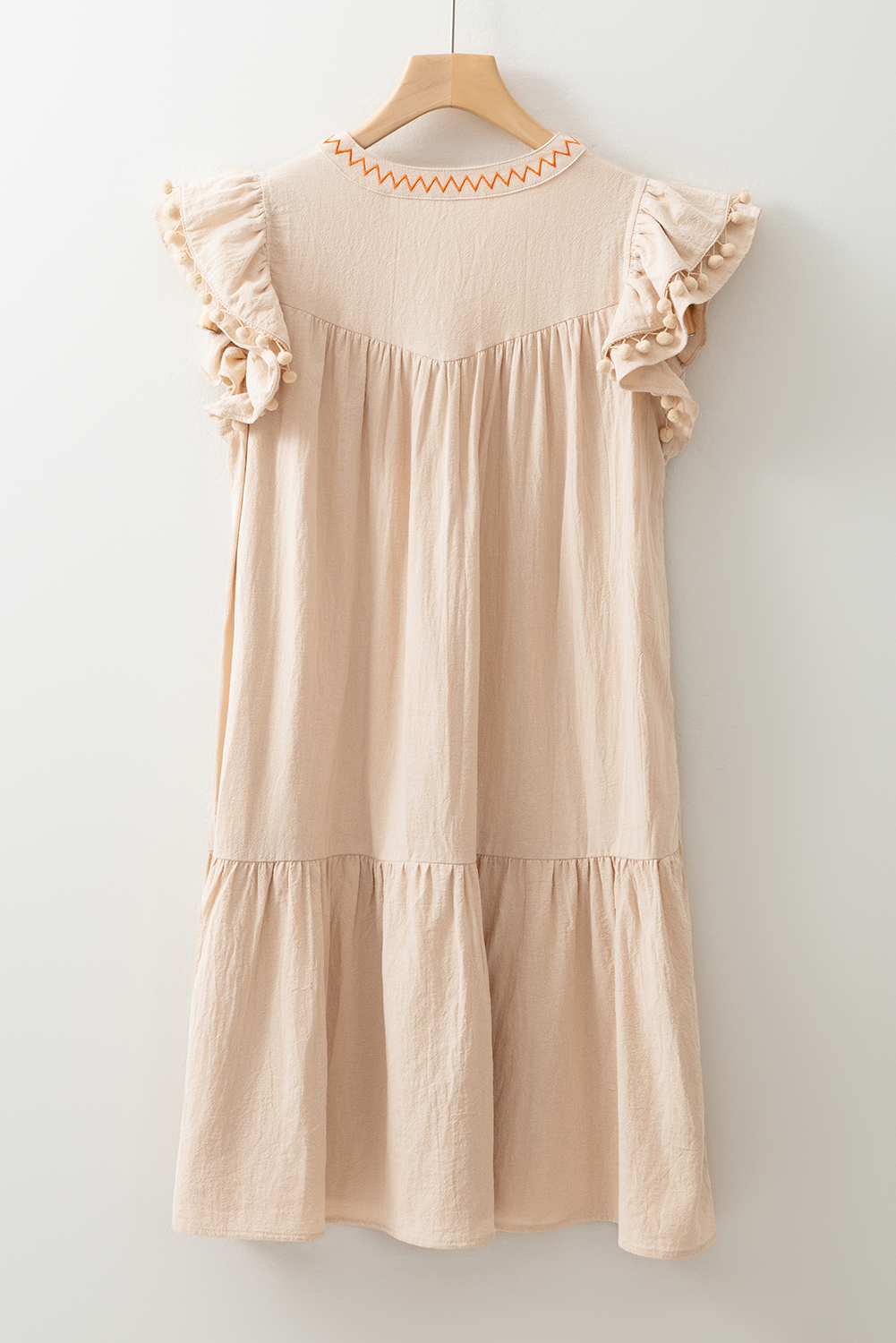 Women's Jet Stream Linen Embroidery Split Neck Short Dress with Pom Pom Ruffle Sleeves - Detail View 9 Women's Jet Stream Linen Embroidery Split Neck Short Dress with Pom Pom Ruffle Sleeves - Detail View 9