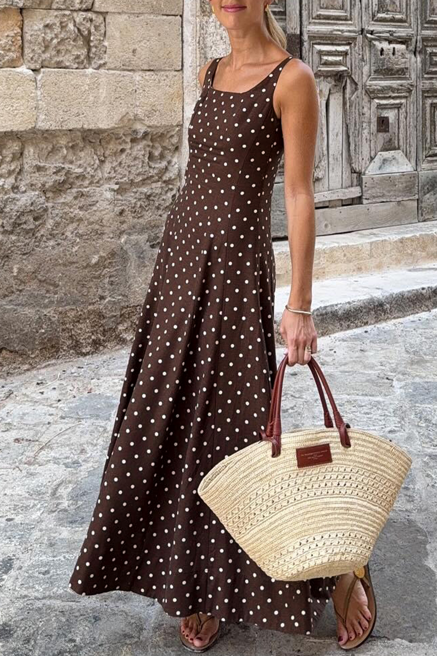 Women's Polka Dot Square Neck Maxi Dress – Summer Vacation - Detail View 10 Women's Polka Dot Square Neck Maxi Dress – Summer Vacation - Detail View 10