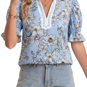Women's Sky Blue Floral Striped Polo Blouse – Casual Short Sleeve Top for Summer Outings - Main View