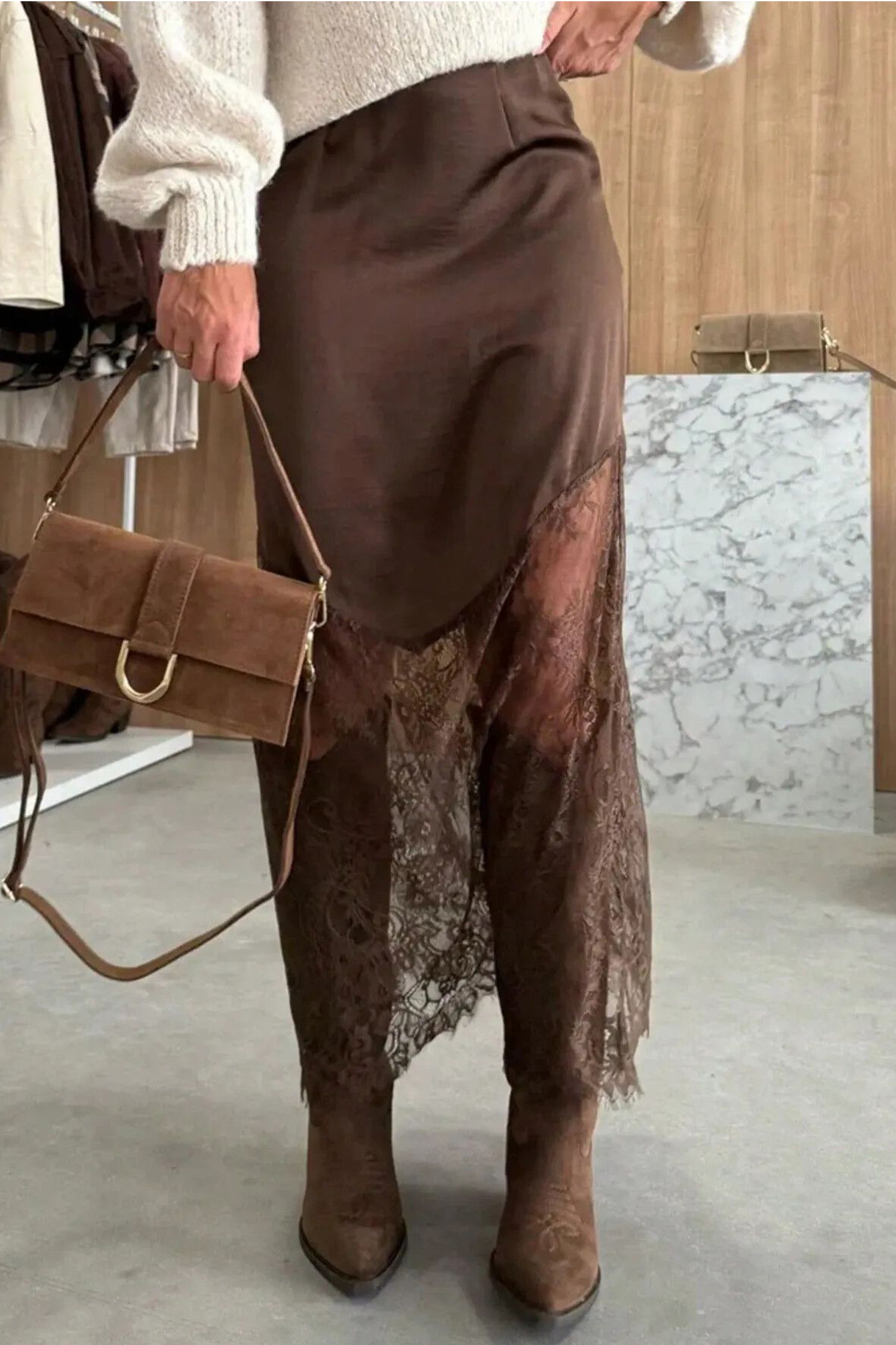 Elegant Lace Trim Satin Skirt, High Waist Long Fall Bottom - Detail View 8 Elegant Lace Trim Satin Skirt, High Waist Long Fall Bottom - Detail View 8