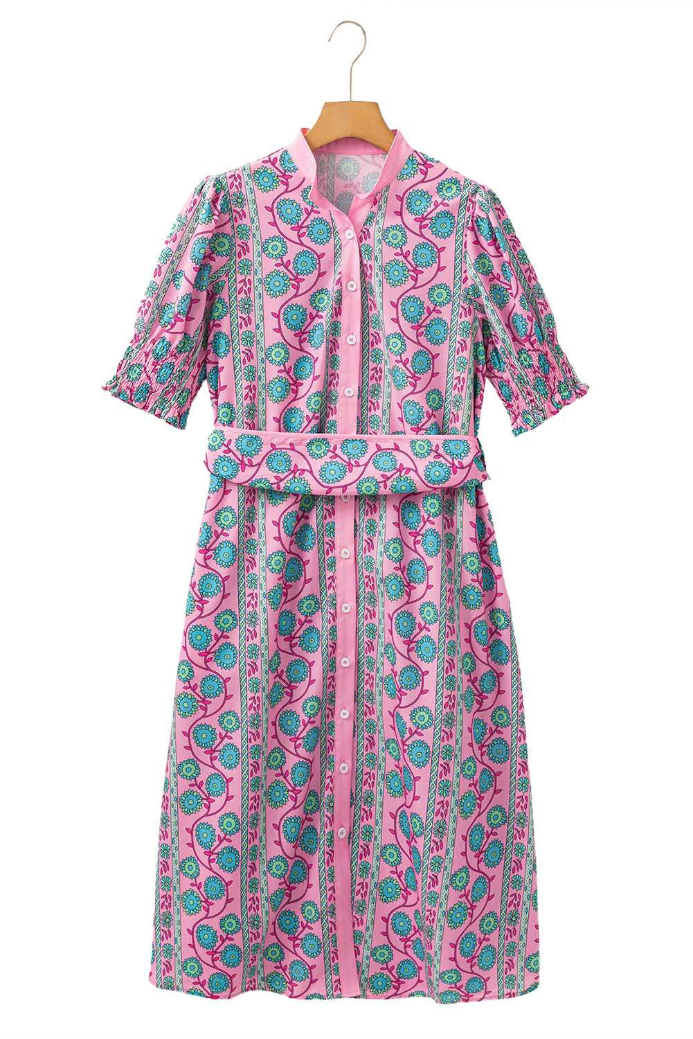 Soft Lightweight Fabric A-Line Midi Dress with Mandarain Collar and Puff Sleeves - Detail View 11 Soft Lightweight Fabric A-Line Midi Dress with Mandarain Collar and Puff Sleeves - Detail View 11