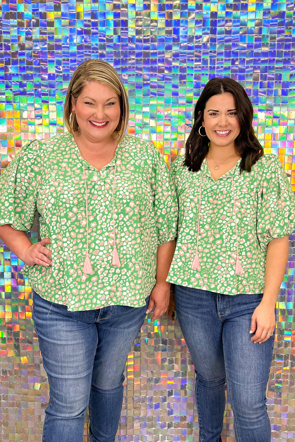 Casual Plus Size Top: Green Floral Blouse with Split Neck and Tassel Detail - Detail View 3 Casual Plus Size Top: Green Floral Blouse with Split Neck and Tassel Detail - Detail View 3