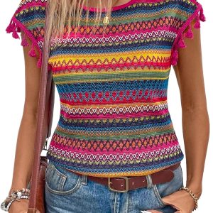 Women's Rose Red Jacquard Textured Tasseled Cap Sleeve Top - Bohemian Style - Main View