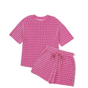 Women's Rose Stripe Short Set – Casual Corded Tee and Elastic Waist Shorts for Summer - Main View