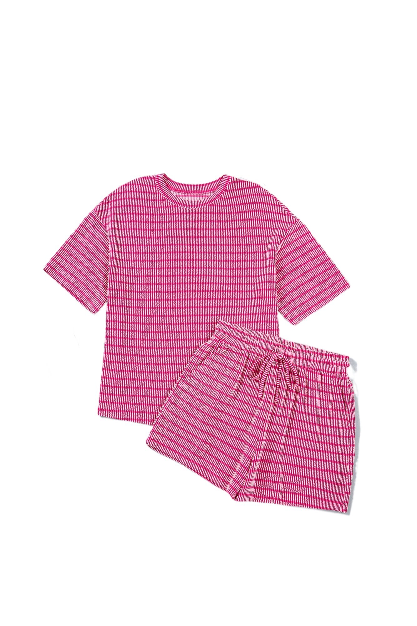 Women's Rose Stripe Short Set – Casual Corded Tee and Elastic Waist Shorts for Summer - Main View Women's Rose Stripe Short Set – Casual Corded Tee and Elastic Waist Shorts for Summer - Main View
