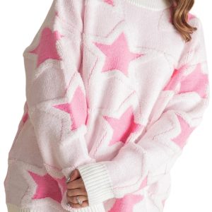 Women's Sachet Pink Oversized Star Pattern Sweater – Cozy Casual Winter Style for Daily Wear - Main View
