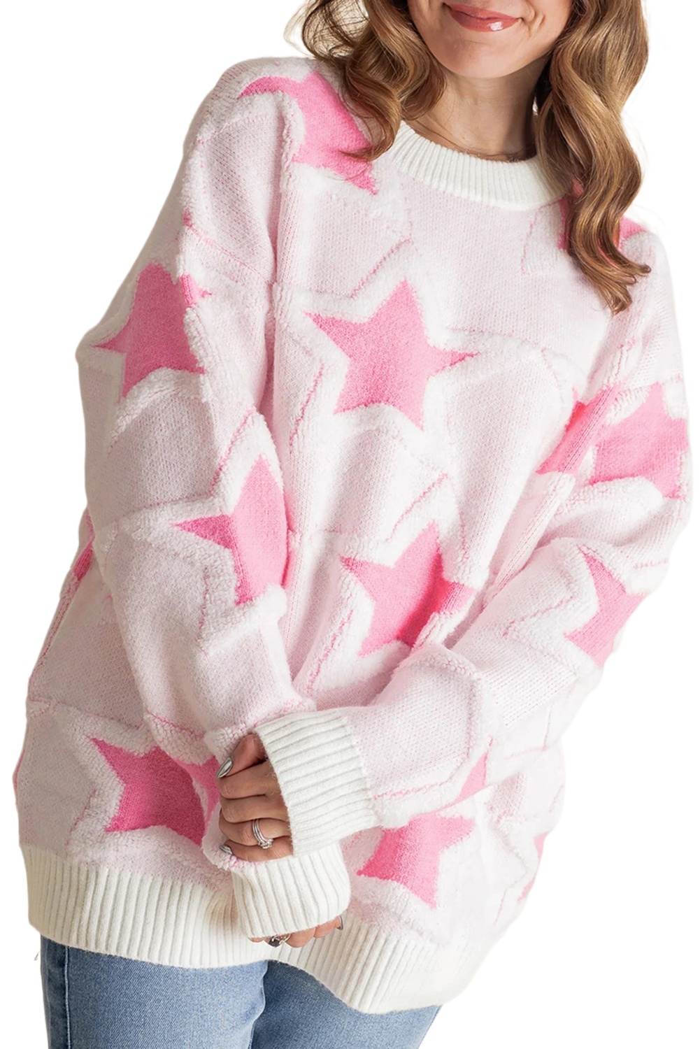 Women's Sachet Pink Oversized Star Pattern Sweater – Cozy Casual Winter Style for Daily Wear - Main View Women's Sachet Pink Oversized Star Pattern Sweater – Cozy Casual Winter Style for Daily Wear - Main View