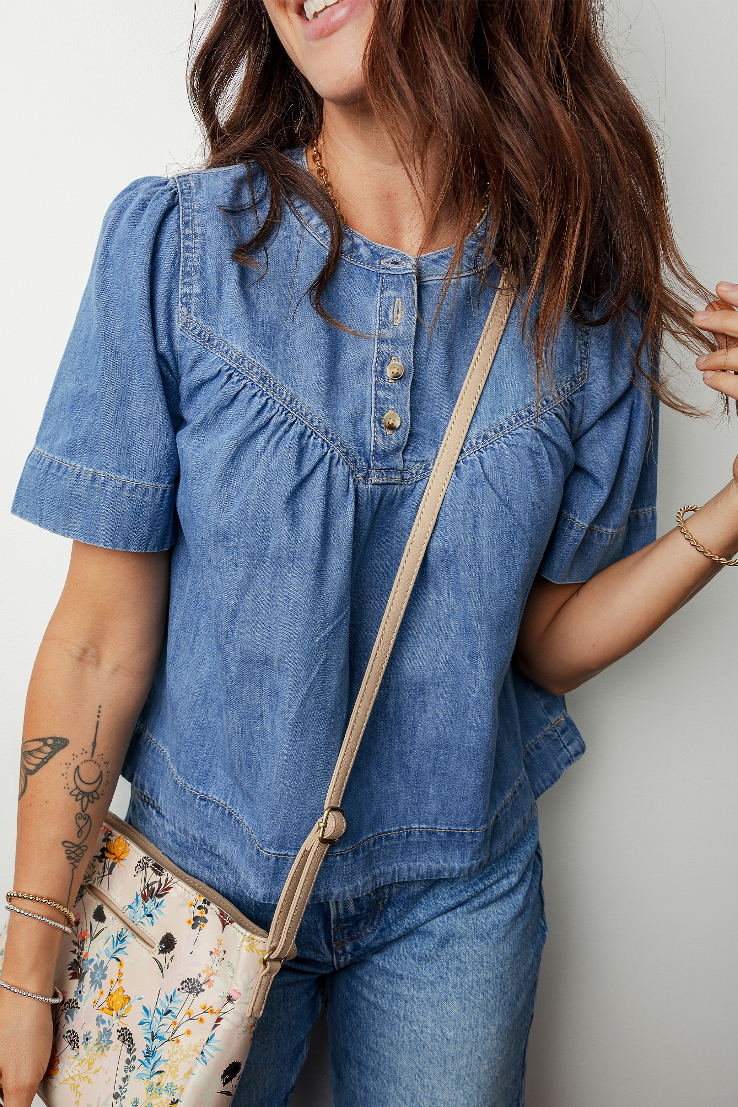 Effortless Women's Beau Blue Denim Shirt – Short Sleeve Half Button Top for Daily Wear - Detail View 6 Effortless Women's Beau Blue Denim Shirt – Short Sleeve Half Button Top for Daily Wear - Detail View 6