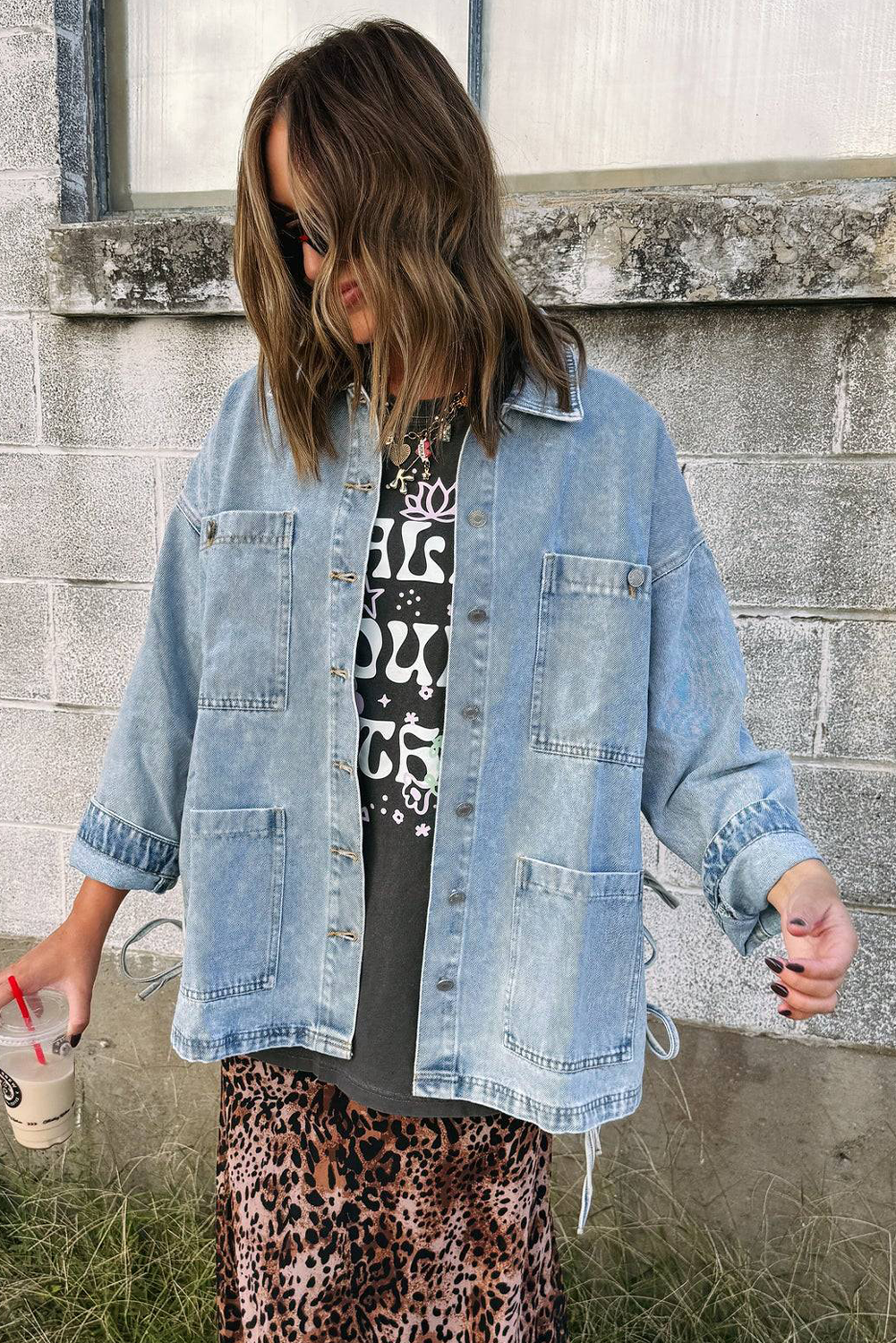 Beau Blue Boyfriend Style Denim Jacket with Multi Patched Pockets and Side Tie - Detail View 5 Beau Blue Boyfriend Style Denim Jacket with Multi Patched Pockets and Side Tie - Detail View 5