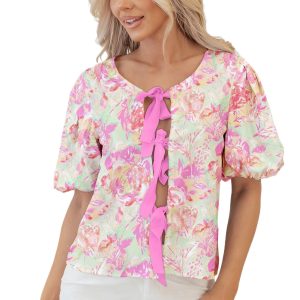 Chic Pink Floral Knot Front Blouse – Perfect for Summer Outings and Casual Wear - Main View