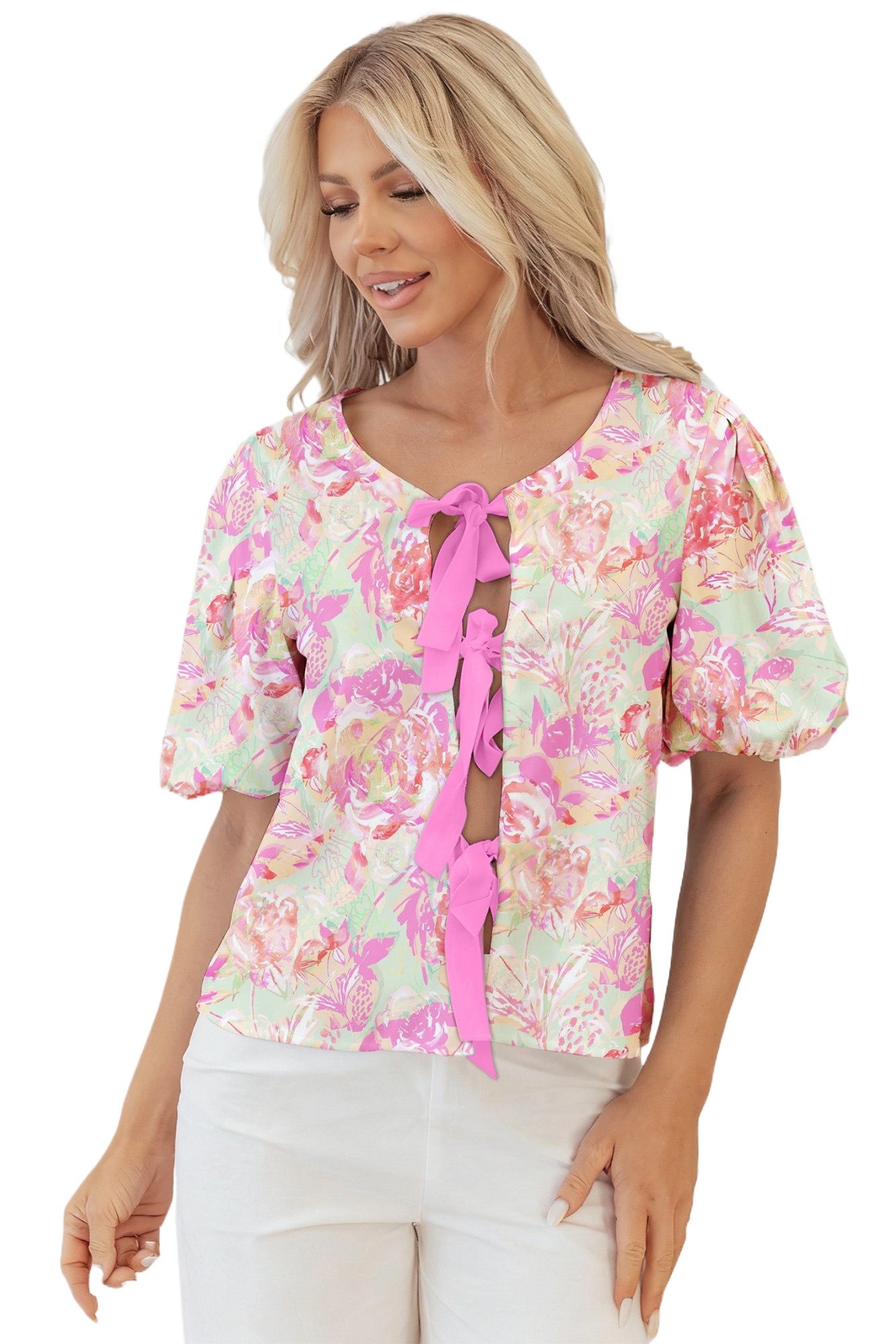 Chic Pink Floral Knot Front Blouse – Perfect for Summer Outings and Casual Wear - Main View Chic Pink Floral Knot Front Blouse – Perfect for Summer Outings and Casual Wear - Main View