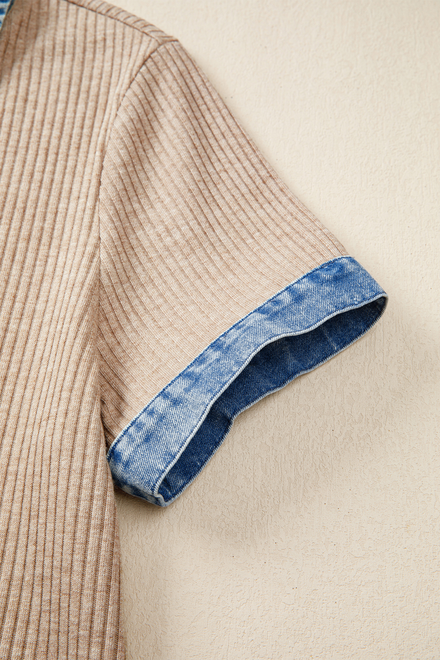 Women's Beige Ribbed Knit Blouse – Denim Color Block Patchwork V-Neck Top with Button Detail for Casual Daily Wear - Detail View 7 Women's Beige Ribbed Knit Blouse – Denim Color Block Patchwork V-Neck Top with Button Detail for Casual Daily Wear - Detail View 7