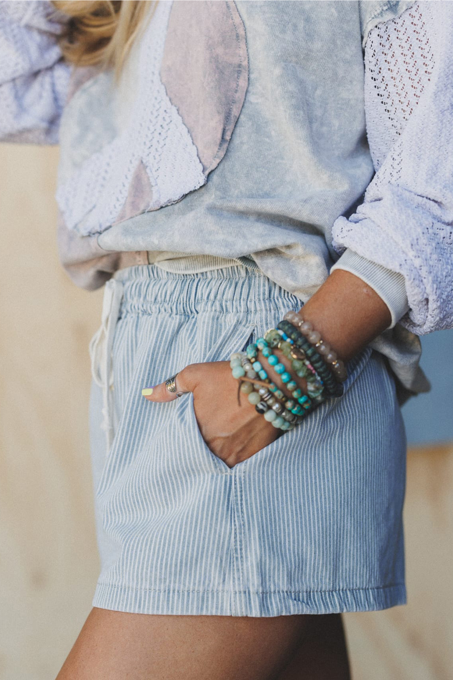 Sky Blue Stripe High Waist Denim Shorts – Perfect Casual Summer Wear for Women - Detail View 3 Sky Blue Stripe High Waist Denim Shorts – Perfect Casual Summer Wear for Women - Detail View 3