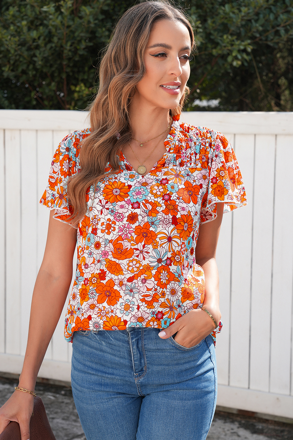 Women's Short Sleeve Floral Blouse – Ruffle Detail Daily Top - Detail View 15 Women's Short Sleeve Floral Blouse – Ruffle Detail Daily Top - Detail View 15