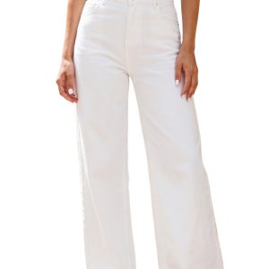 Women's White Wide Leg Jeans – Casual Solid Denim Pants with Pockets for Daily Wear - Main View