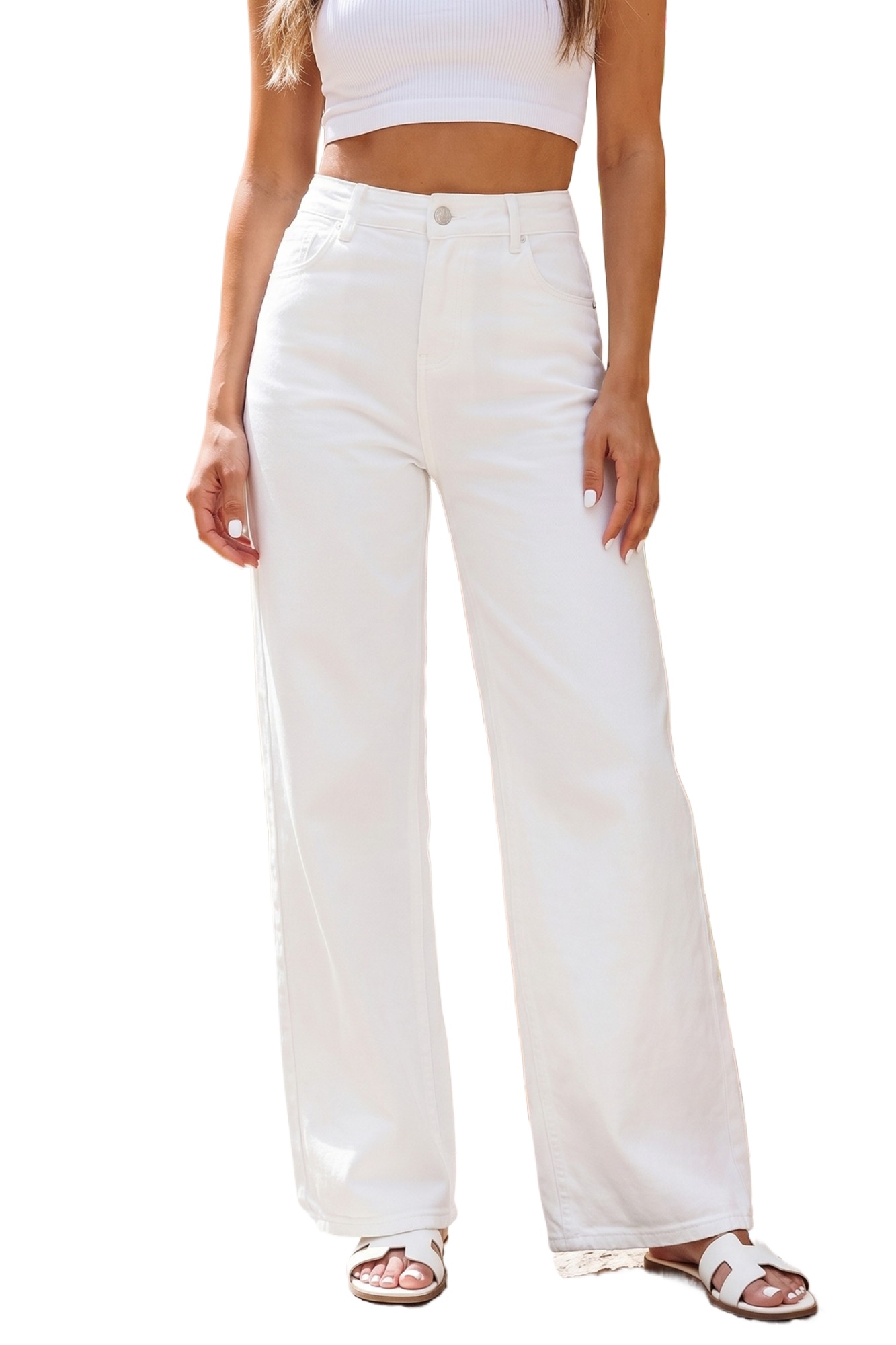 Women's White Wide Leg Jeans – Casual Solid Denim Pants with Pockets for Daily Wear - Main View Women's White Wide Leg Jeans – Casual Solid Denim Pants with Pockets for Daily Wear - Main View