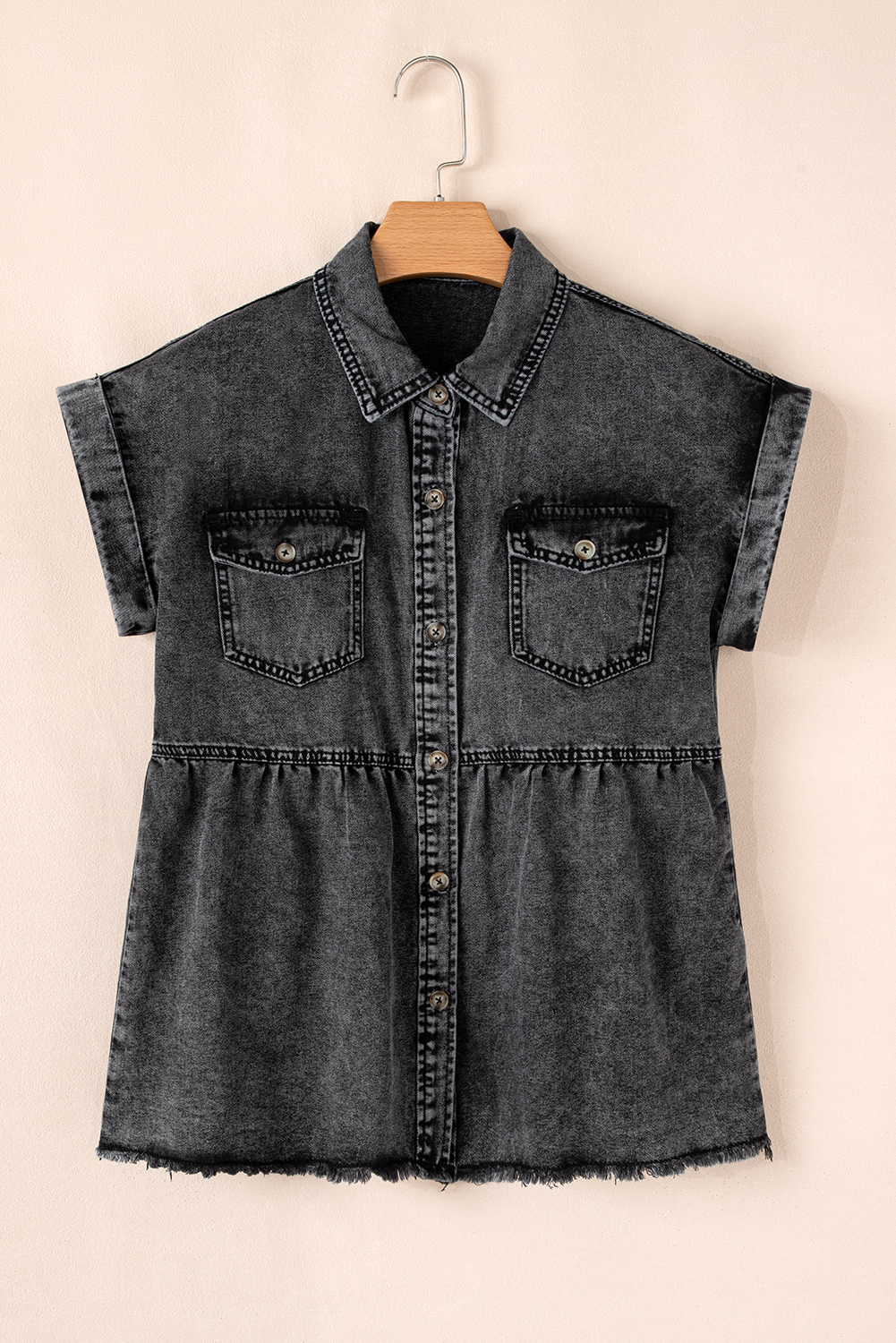 Women's Black Short Sleeve Flap Pocket Button Up Raw Hem Denim Shirt - Detail View 13 Women's Black Short Sleeve Flap Pocket Button Up Raw Hem Denim Shirt - Detail View 13