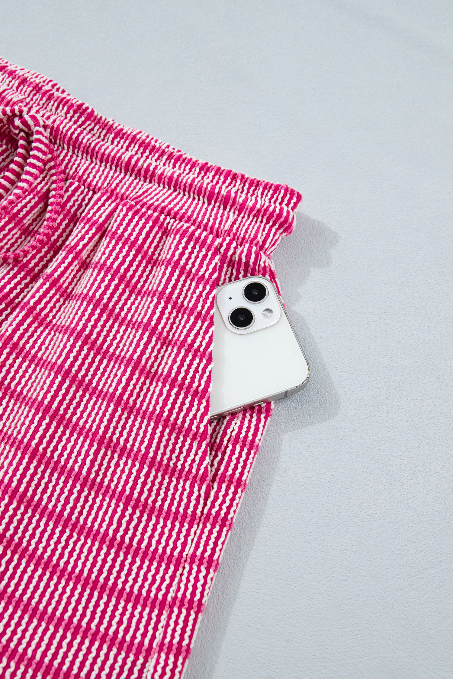 Summer Loungewear Set for Women – Rose Striped Loose Tee and Drawstring Shorts Outfit - Detail View 14 Summer Loungewear Set for Women – Rose Striped Loose Tee and Drawstring Shorts Outfit - Detail View 14