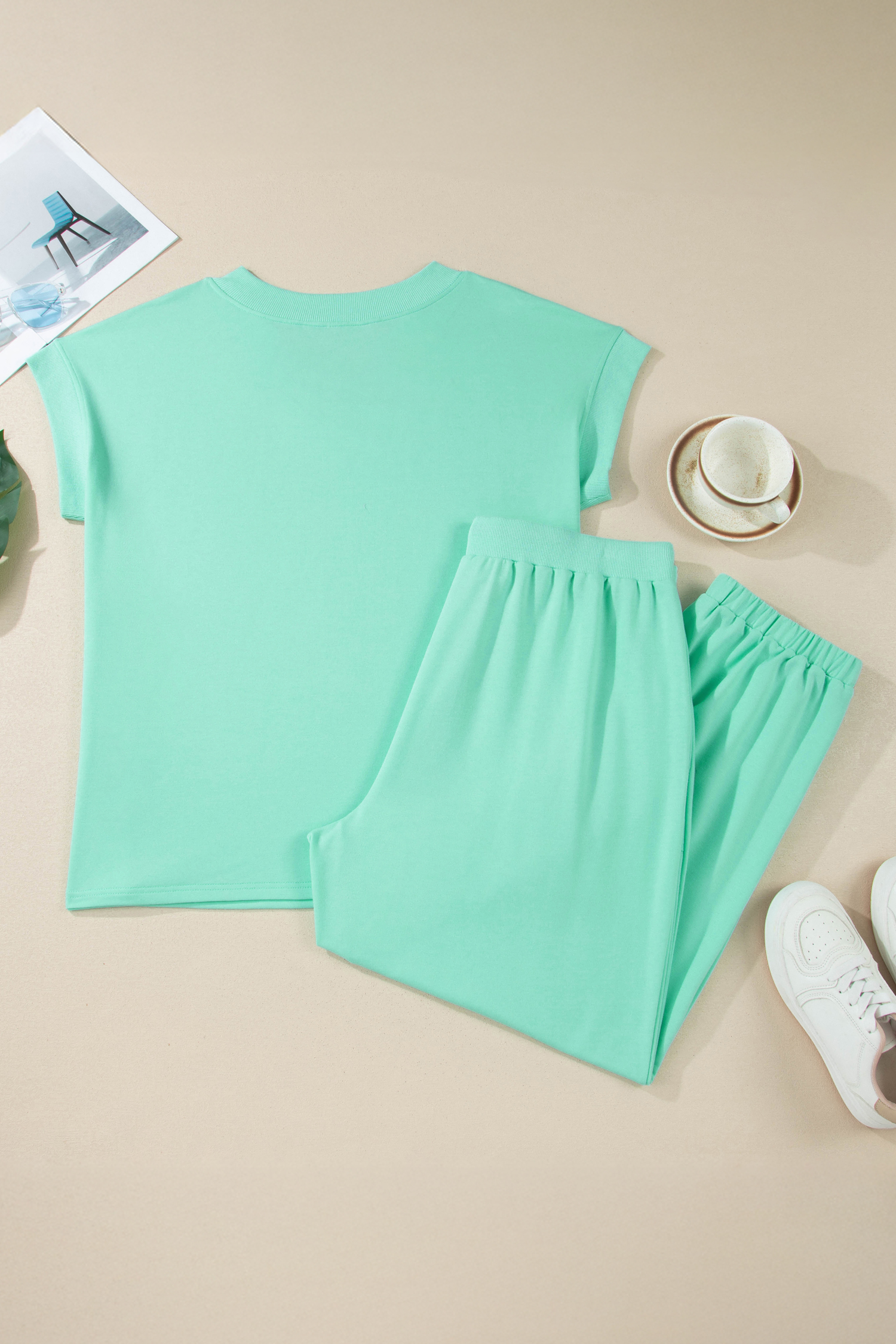 Casual Solid Color Outfits for Women – Mint Green V-Neck Top and Drawstring Jogger Pants Set - Detail View 5 Casual Solid Color Outfits for Women – Mint Green V-Neck Top and Drawstring Jogger Pants Set - Detail View 5