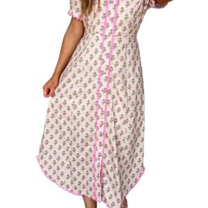Women's Pink Floral V Neck Dress – Scallop Trim Button Front for Casual Summer Outings - Main View