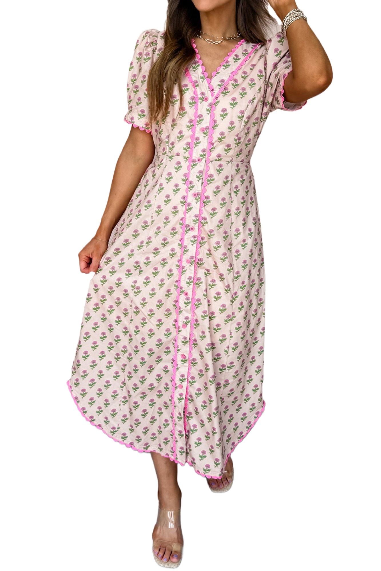 Women's Pink Floral V Neck Dress – Scallop Trim Button Front for Casual Summer Outings - Main View Women's Pink Floral V Neck Dress – Scallop Trim Button Front for Casual Summer Outings - Main View