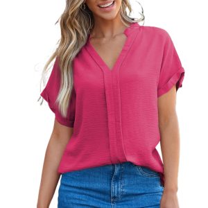 Elegant Rose Red Notched Neck Batwing Sleeve Lightweight Blouse for Women - Main View