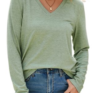 Women's Grass Green V Neck Long Sleeve Top – Casual Stretchy Tee for Daily Wear - Main View