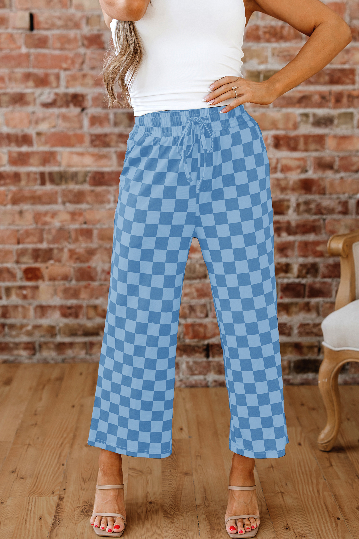 Elastic Waist Checkered Pants, Women's Relaxed Cropped Fit - Detail View 15 Elastic Waist Checkered Pants, Women's Relaxed Cropped Fit - Detail View 15