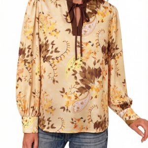Women's Khaki Paisley Blouse, Boho Long Sleeve Tie Neck Top - Main View