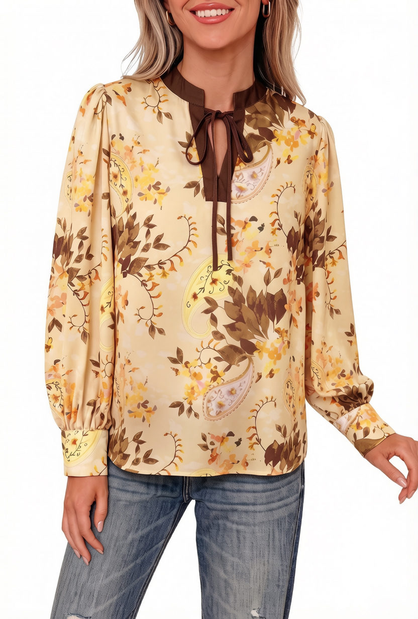 Women's Khaki Paisley Blouse, Boho Long Sleeve Tie Neck Top - Main View Women's Khaki Paisley Blouse, Boho Long Sleeve Tie Neck Top - Main View