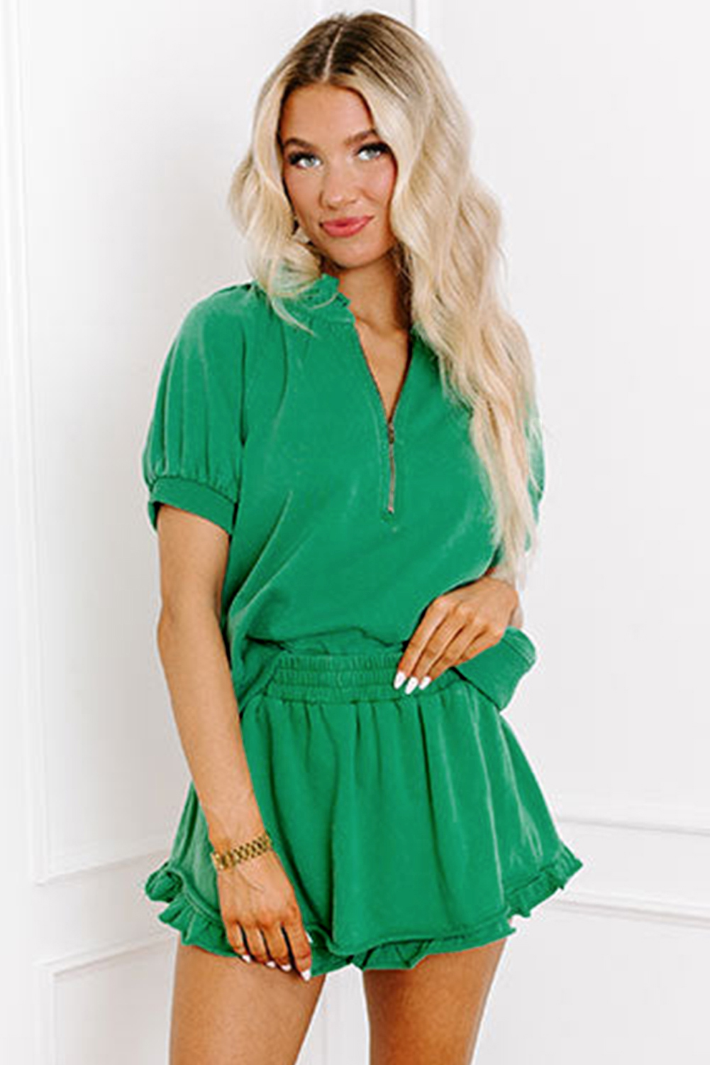 Stylish Casual Sea Green Two-Piece Set with Puff Sleeves and Ruffled Shorts - Detail View 6 Stylish Casual Sea Green Two-Piece Set with Puff Sleeves and Ruffled Shorts - Detail View 6