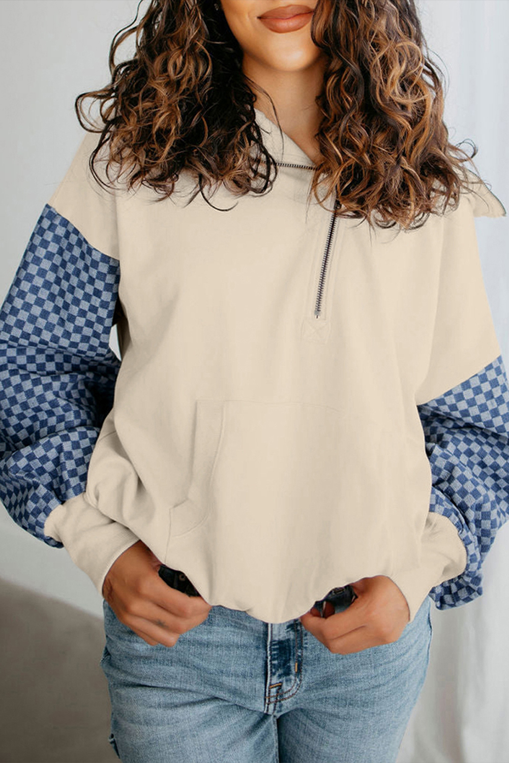 Stylish and Comfortable Parchment Checkered Hoodie with Front Pocket - Detail View 7 Stylish and Comfortable Parchment Checkered Hoodie with Front Pocket - Detail View 7