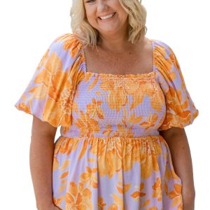Plus Size Women's Purple Floral Puff Sleeve Square Neck Smocked Babydoll Blouse - Main View