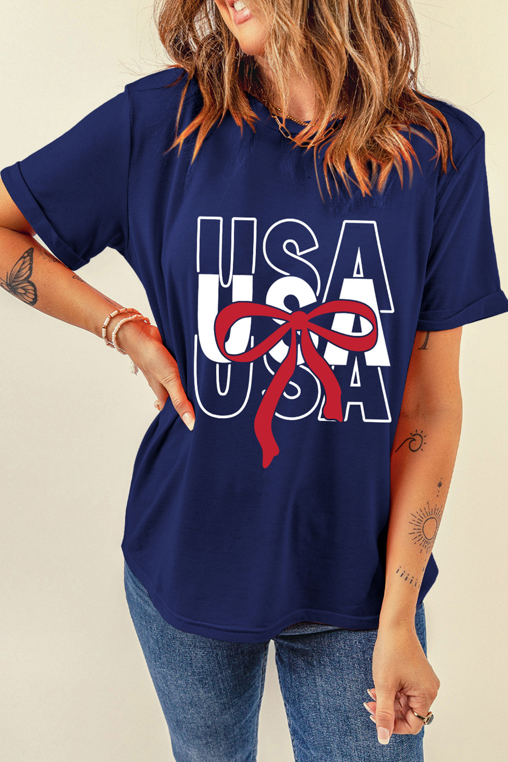 Trendy Casual Tee with USA Print and Cute Bow Design for Women - Detail View 6 Trendy Casual Tee with USA Print and Cute Bow Design for Women - Detail View 6