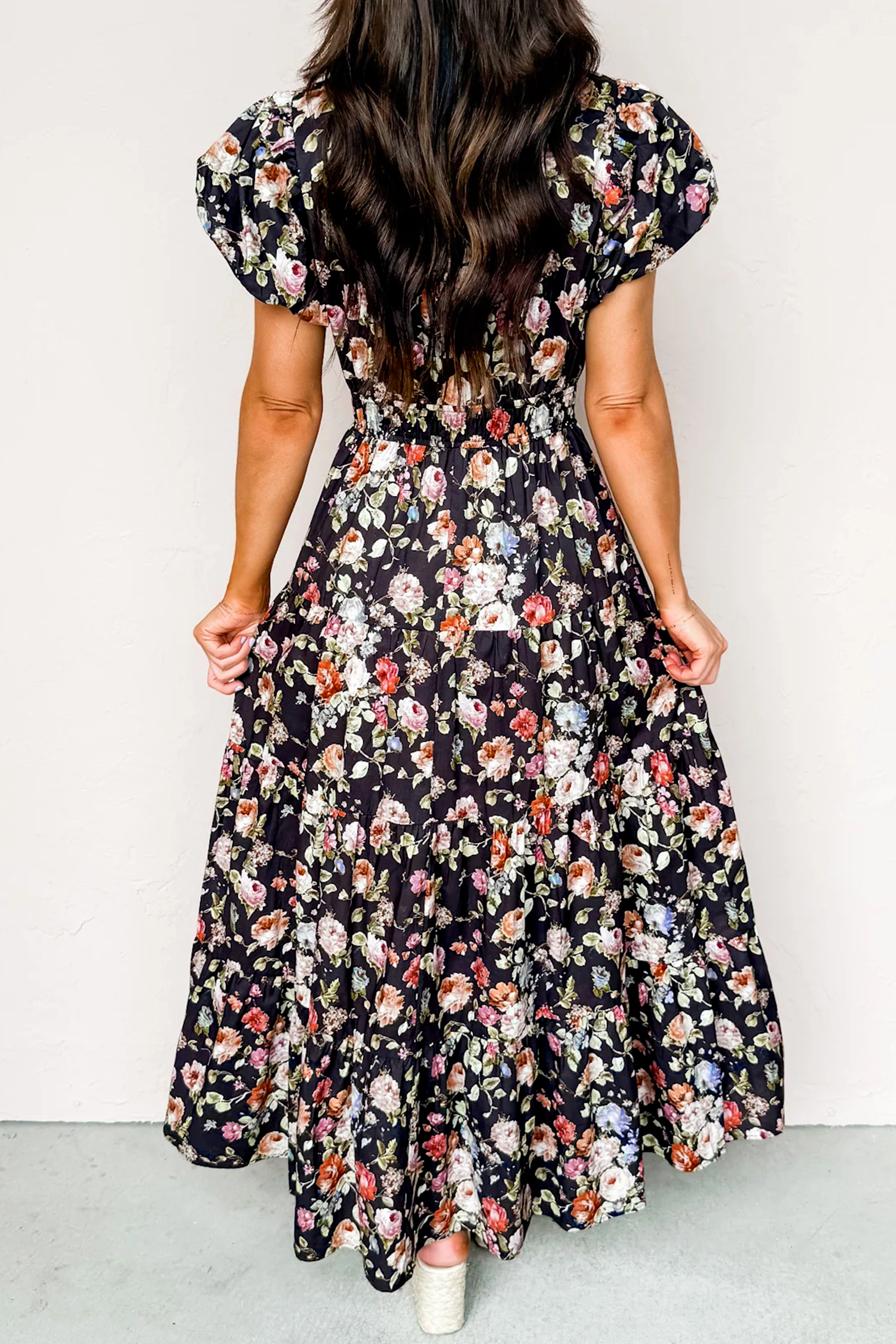 Casual Black Floral Maxi Dress for Women – High Waist Pleated Tiered Dress with Pockets - Detail View 2 Casual Black Floral Maxi Dress for Women – High Waist Pleated Tiered Dress with Pockets - Detail View 2