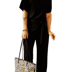 Women's Black Dolman Sleeve Belted Straight Leg Jumpsuit for Casual Daily Wear - Main View