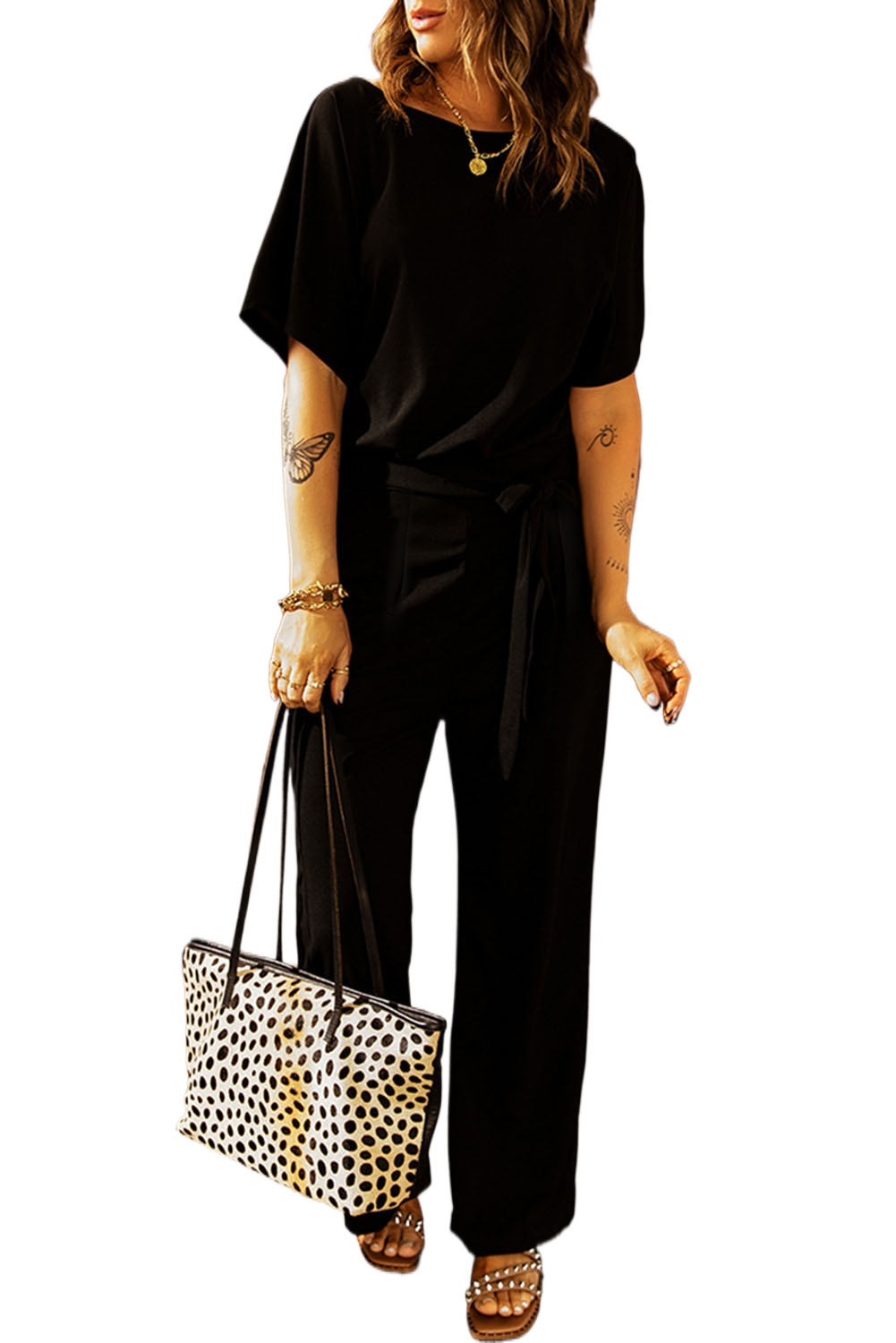 Women's Black Dolman Sleeve Belted Straight Leg Jumpsuit for Casual Daily Wear - Main View Women's Black Dolman Sleeve Belted Straight Leg Jumpsuit for Casual Daily Wear - Main View