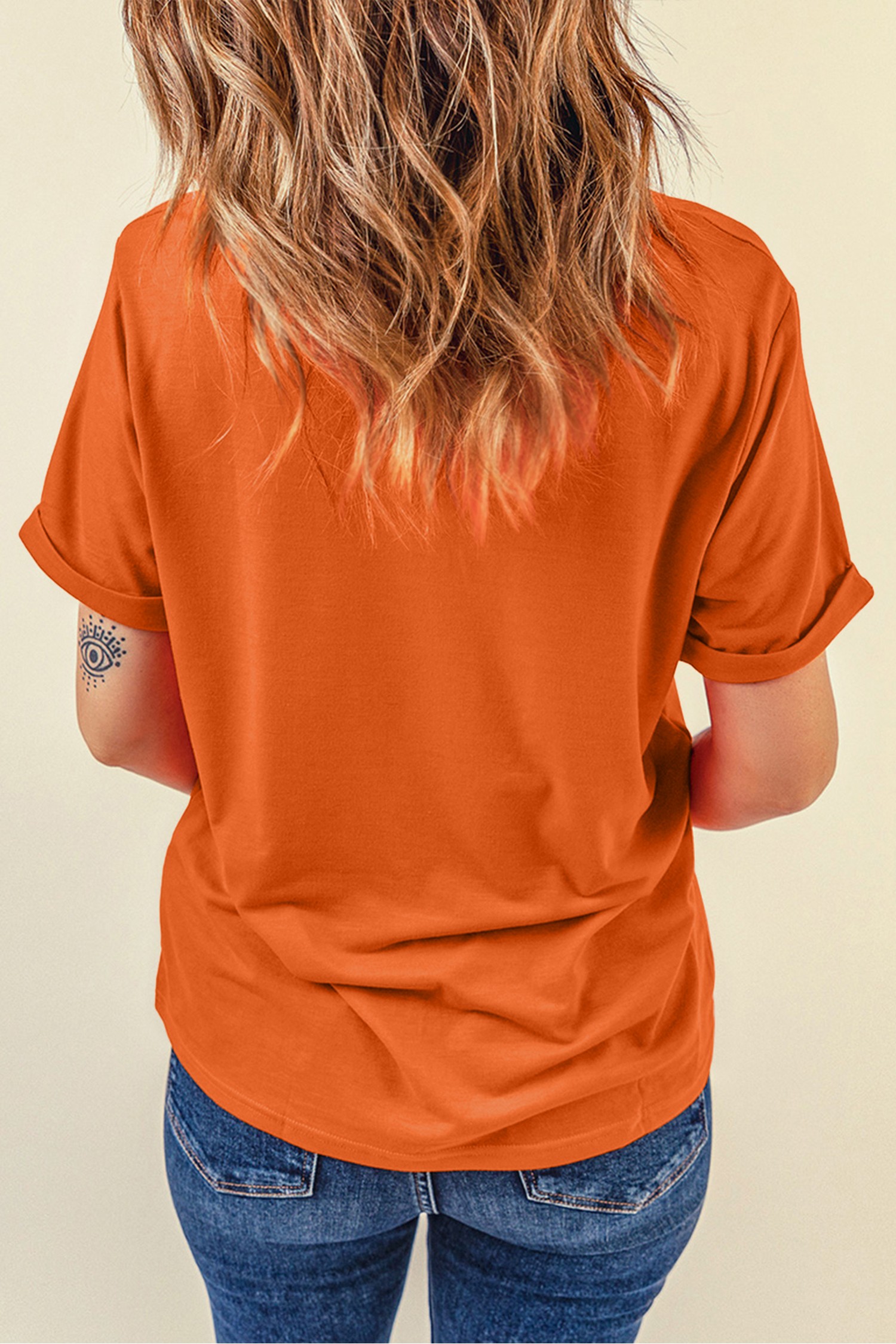 Soft Cotton Blend Women's Shirt, Orange Pumpkin Graphic Tee - Detail View 3 Soft Cotton Blend Women's Shirt, Orange Pumpkin Graphic Tee - Detail View 3