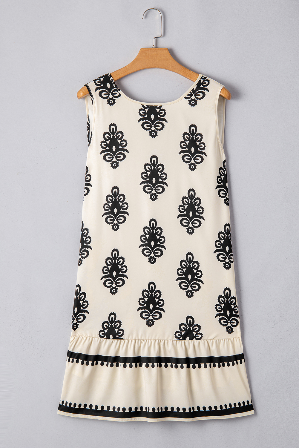 Beige Sleeveless Mini Dress, Bohemian Print With Bowknot Back - Detail View 11 Beige Sleeveless Mini Dress, Bohemian Print With Bowknot Back - Detail View 11